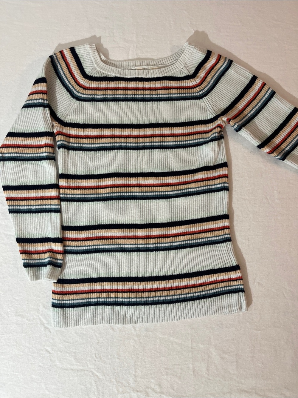 Moth Cream Ribbed Crewneck Sweater with Navy, Rust & Tan Stripes